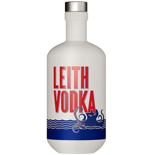 Leith Vodka bottle with red text and blue design on a white background - Image