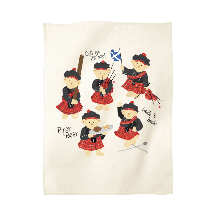 Cream cotton tea towel featuring 5 dancing teddy bears in Highland Dress.