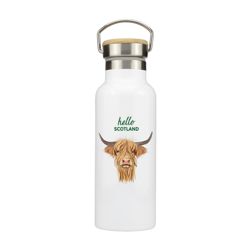 White Stainless steel water bottle featuring a highland cow. 