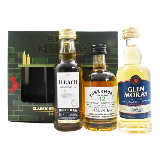Merry Maltmas gift pack containing a Ileach single malt, an Tobermory Single malt and a Glen Moray single malt