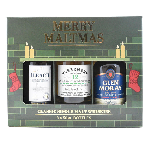 Merry Maltmas gift pack containing a Ileach single malt, an Tobermory Single malt and a Glen Moray single malt  