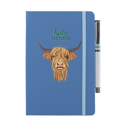 Blue notebook featuring a Highland Cow on the front. Pen include. 