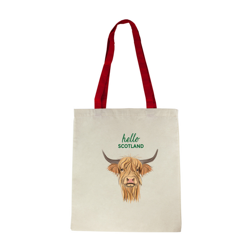 Cotton tote shopper with a red handle, highland cow motif and the words 'hello Scotland' written in a green font. The bag can be personalised at checkout. 