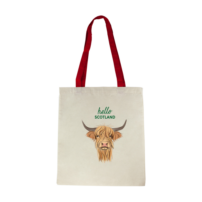 tote with red straps and highland cow motif