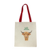 Cotton tote shopper with a red handle, highland cow motif and the words 'hello Scotland' written in a green font. The bag can be personalised at checkout. 