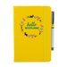 Yellow notepad with pen features a circular prints of Scottish Icons including the St Andrews Flag in a loveheart shape, a pheasant and a deer. A matching strap closes on the right hand side.