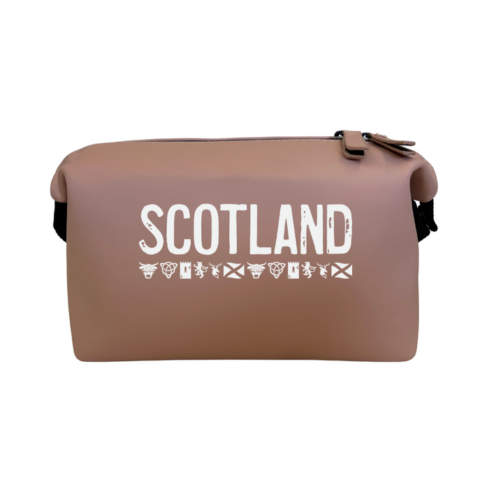 Matte Pale Beige water repellent wash bag with Scotland text across the front and a design that features some Scotland Icons underneath. 