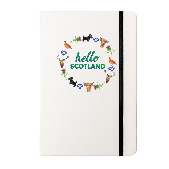 Hello Scotland Icons Personalised White Notebook
