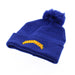 Blue ribbed Beanie with pom pom on top. The front features a yellow Scotland Flag design. 