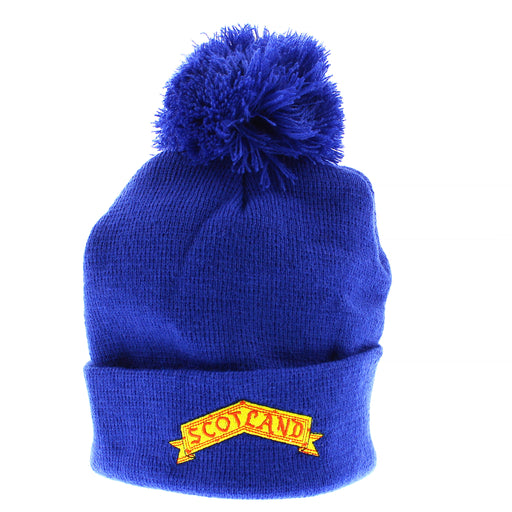 Blue ribbed Beanie with pom pom on top. The front features a yellow Scotland Flag design. 