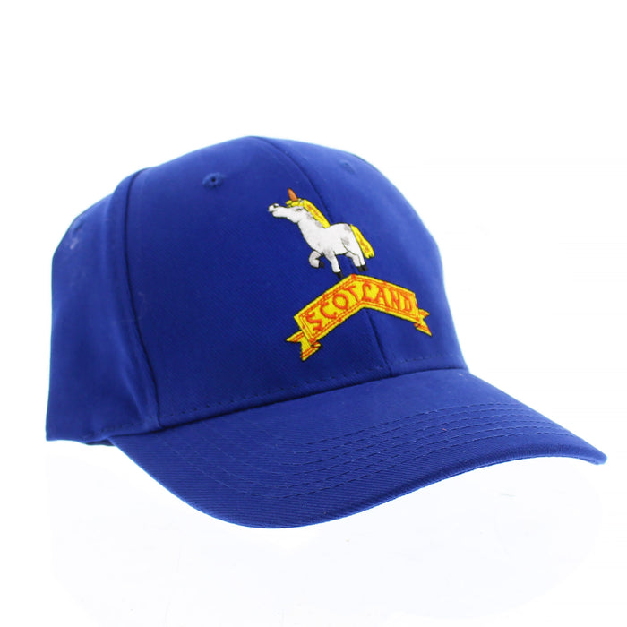 Blue kids baseball cap featuring a white unicorn and Scotland flag design. 