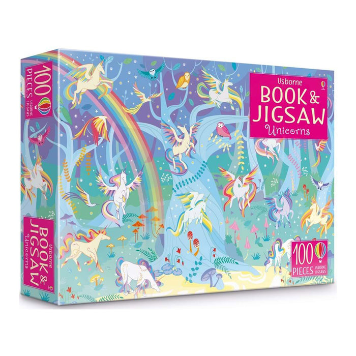 Brightly coloured box for the  'Book & Jigsaw' Unicorns edition. Colourful Unicorns dance through rainbows and a woodland scene. 