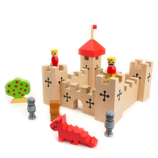 A Toy wooden castle set with wooden figures, dragon. horse and tree. 