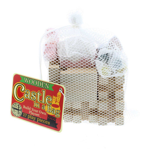 A white mesh bag that holds the 17-piece wooden castle set.