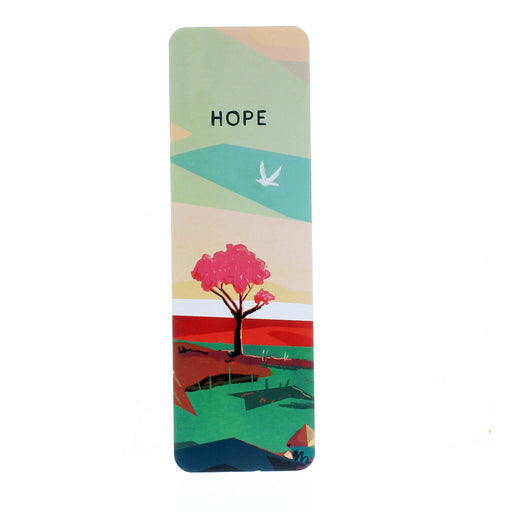 Paper bookmark featuring a Scottish landscape at sunset with a white dove in flight. The word reads Hope. 