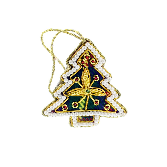 Handmade Tree shaped Decoration made using tartan fabric and gold embroidery.  