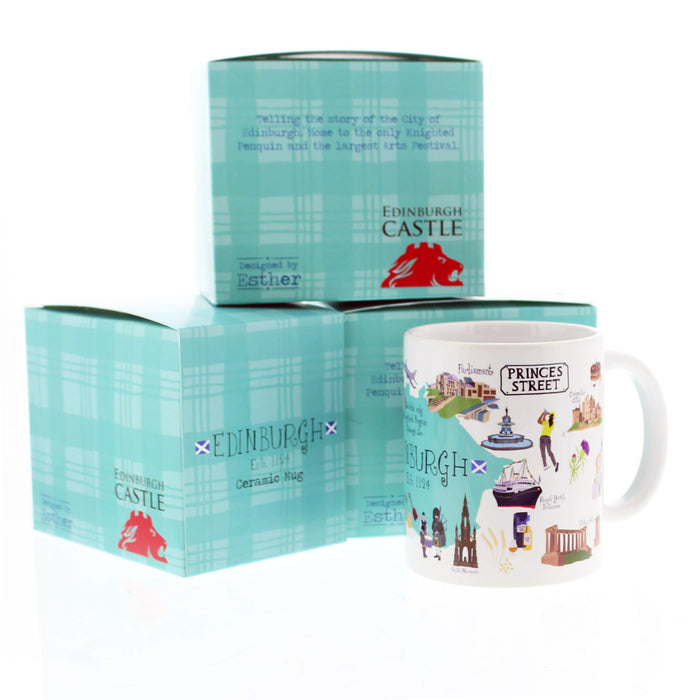 White ceramic mug featuring many of Edinburgh's famous landmarks placed next to 3 of the mugs tartan presentation boxes. 