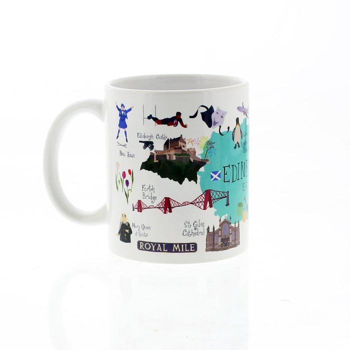 White ceramic mug featuring many of Edinburgh's famous landmarks. 