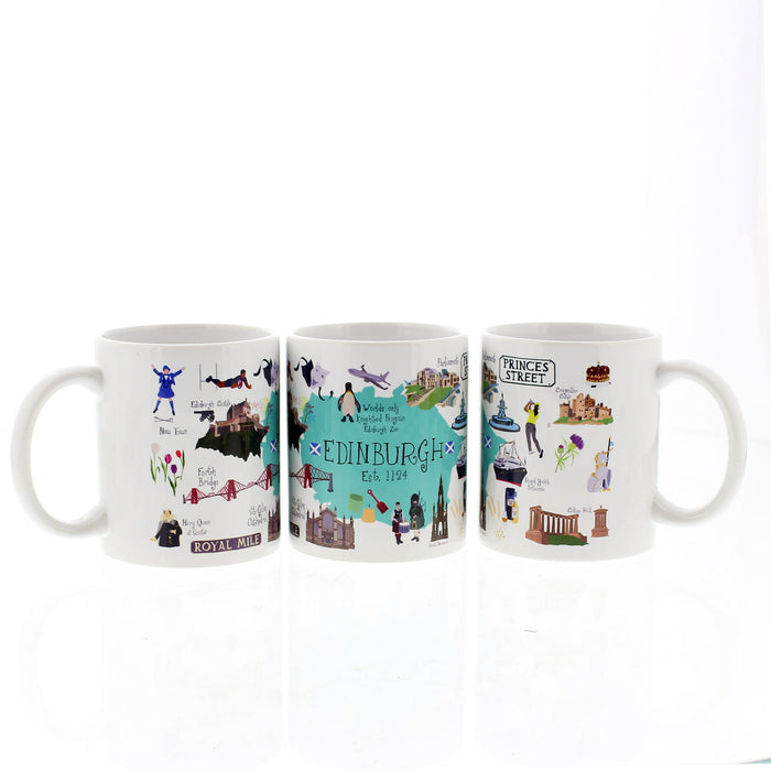 3 White ceramic mug featuring many of Edinburgh's famous landmarks. 