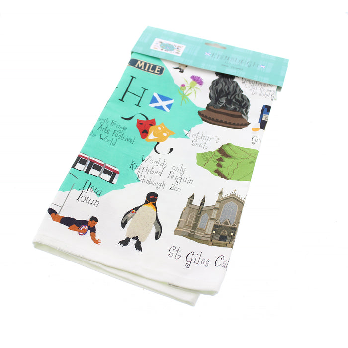 Cotton tea-towel that features some of Edinburgh's iconic landmarks. 