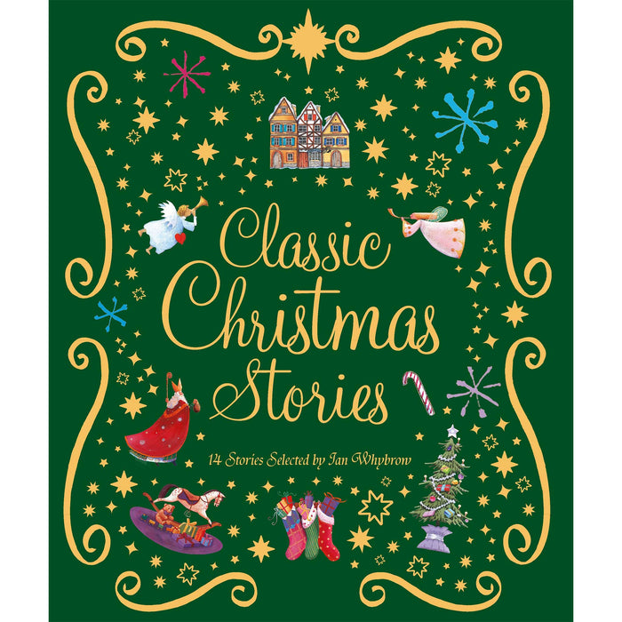 Front cover of the 'Classic Christmas Stories' book for children features lots of gold stars and glittery Christmas scenes against a green cover. 