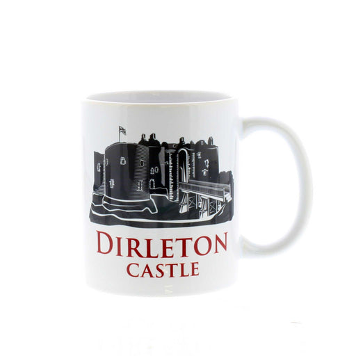 White mug featuring a greyscale image of Dirleton Castle with the name written underneath in red. 
