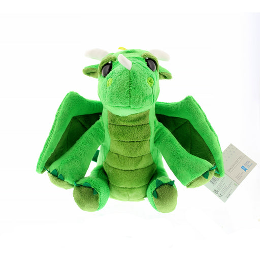 Plush Green Dragon Soft Toy featuring big sparkly eyes, wings and a long tail, view from the front