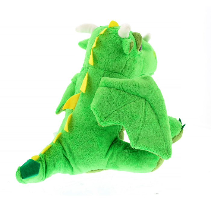 Plush Green Dragon Soft Toy featuring big sparkly eyes, wings and a long tail, view from the back showing tail.