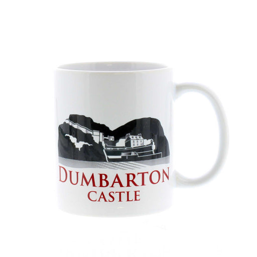 White mug featuring a greyscale image of Dumbarton Castle. 