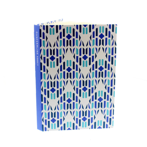 Hard back note book featuring a blue all over print that has been inspired by the windows at Dunfermline Abbey. 