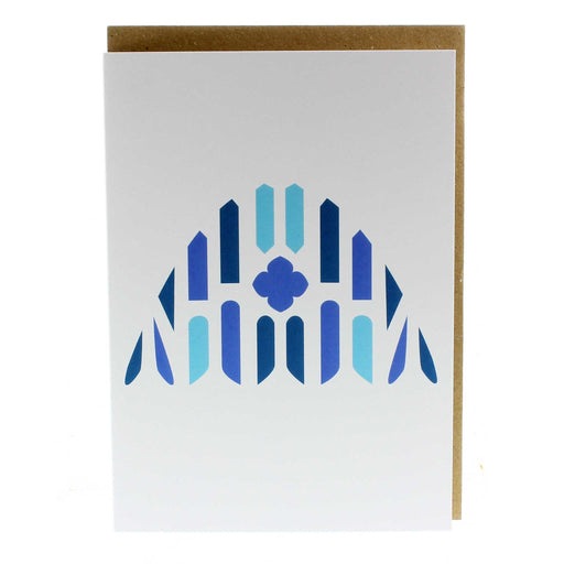 White greeting card with a section printed in the shape of an abbey window. 