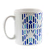 White ceramic mug with a blue all over print inspired by Dunfermline Abbey Windows. 