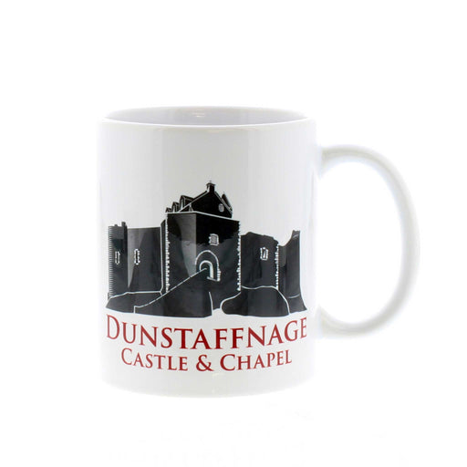 White mug featuring a greyscale image of Dunstaffnage Castle and Chapel.