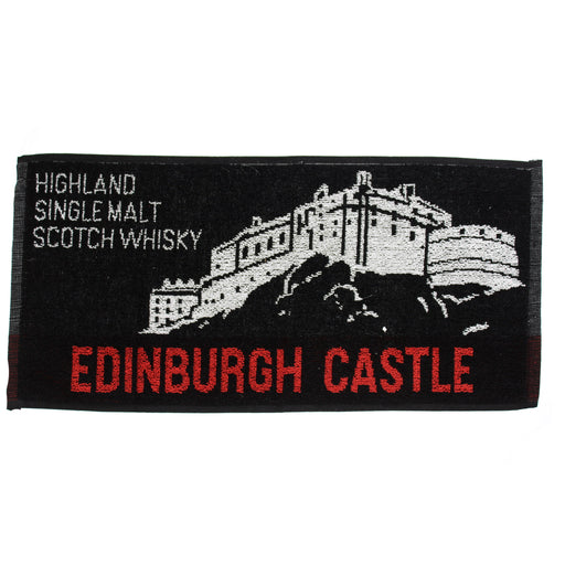 Black rectangular bar towel featuring a print of Edinburgh Castle with text written underneath in Red.