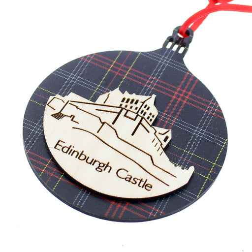 Round shaped Tree decoration with the EC Tartan printed all over and an etching in wood of the Castle. 