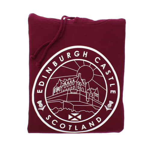 Dark Red Cotton Hoodie featuring a White circular motif depicting Edinburgh Castle.