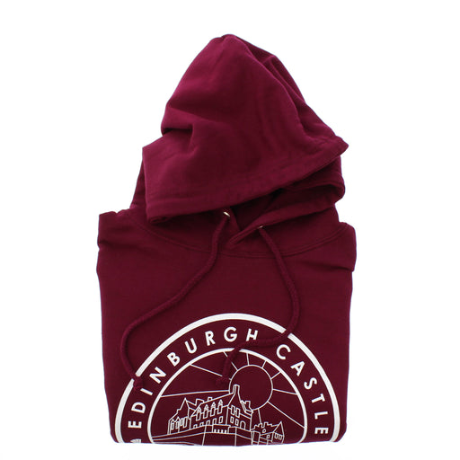 Dark Red Cotton Hoodie featuring a White circular motif depicting Edinburgh Castle.