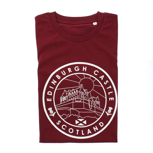 Dark Red T-shirt featuring a white circular design of Edinburgh Castle 