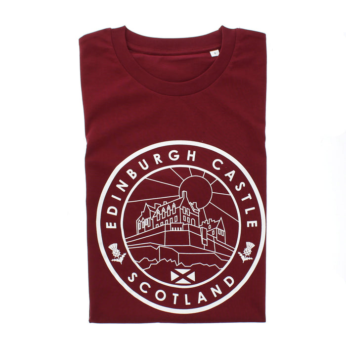 Dark Red T-shirt featuring a white circular design of Edinburgh Castle 