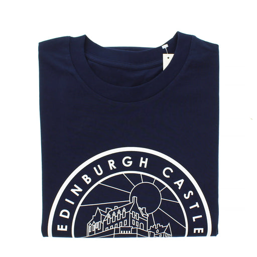 Navy T-shirt with a white circular design featuring Edinburgh Castle