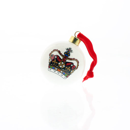 White ceramic bauble with a red ribbon features a coloured depiction of the Scottish Crown. 