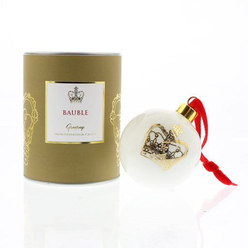 White ceramic bauble with a red ribbon features a gold print of the Scottish Crown. A gold coloured presentation box is next to the bauble. 