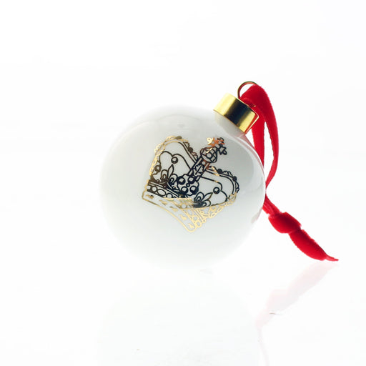 White ceramic bauble with a red ribbon features a gold print of the Scottish Crown.