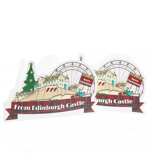 White Christmas Card featuring Edinburgh Castle surrounded by Christmas Trees and a Big Wheel. 