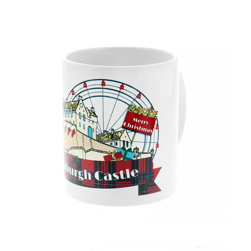 White Ceramic Mug featuring Edinburgh Castle surrounded by a big wheel and Christmas tree. Underneath is a red tartan banner with white text that reads 'From Edinburgh Castle'. 