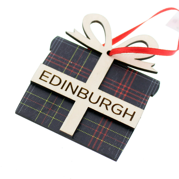 Gift parcel shaped Tree decoration with the EC Tartan printed all over