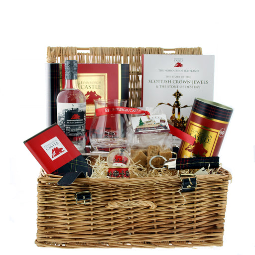 Wicker Hamper containing Edinburgh Castle products including food, gin, accessories, a book and tea. 