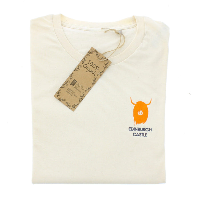 Beige Cotton T-shirt with a orange print of a Highland Cow on the left chest.