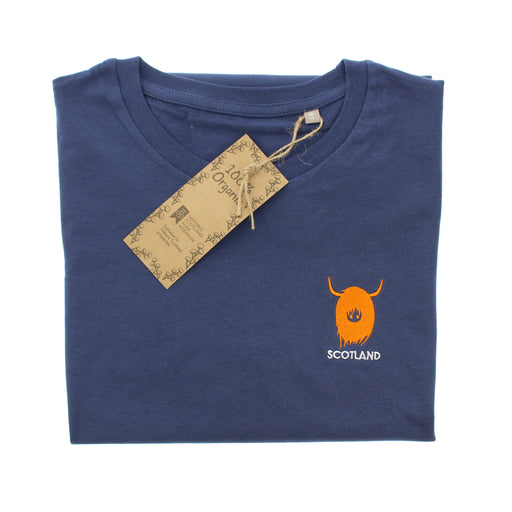 Folded Navy T-shirt with an embroidered orange Highland Cow motif on the right hand chest. 