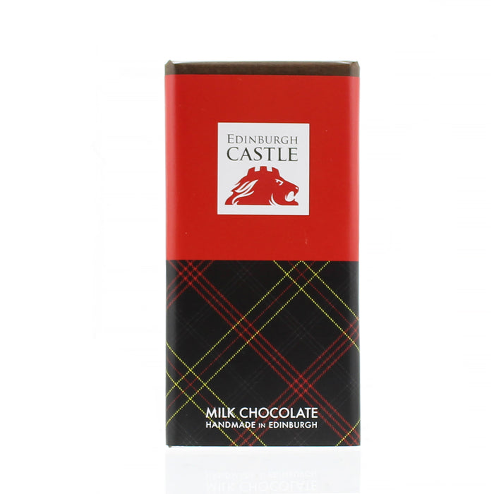 A red and black tartan-patterned chocolate bar package with a white square in the center that contains the text 'Edinburgh Castle' and an illustration of a lion's head. At the bottom the text reads 'Edinburgh Castle Milk Chocolate'.